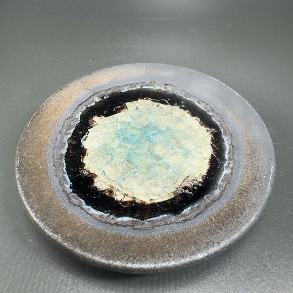 Hand Made Crystalline Pottery Round Wasabi Dipping Dish Plate Signed Crafted VTG - Picture 8 of 13